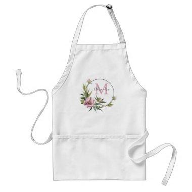 Elegant pink peonies & greenery custom monogram adult apron