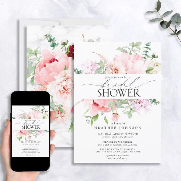 Elegant Pink Peony Floral Calligraphy Shower Invitations