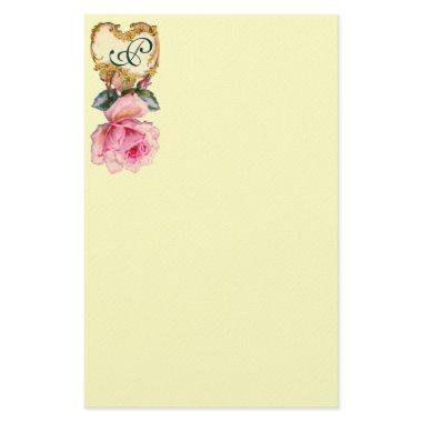 ELEGANT PINK ROSE AND GOLD SWIRLS MONOGRAM ,Cream Stationery