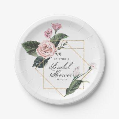 Elegant Pink Rose Floral Gold Frame Bridal Shower Paper Plates