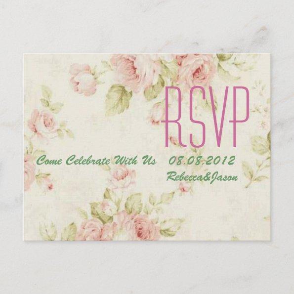 elegant Pink rose Floral vintage wedding RSVP Invitation PostInvitations