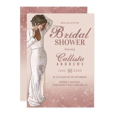 Elegant Pink Rose Gold Glitter Dress Bridal Shower Invitations