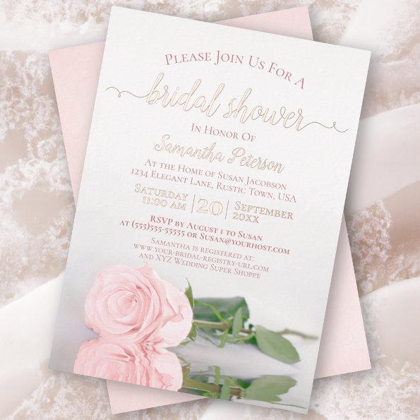 Elegant Pink Rose with Rose Gold Bridal Shower Foil Invitations