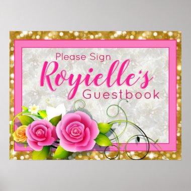 Elegant Pink Roses| Pink & Gold Glitter Guestbook