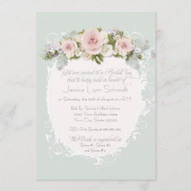 Elegant Pink Roses Succulents Bridal Shower Tea Invitations