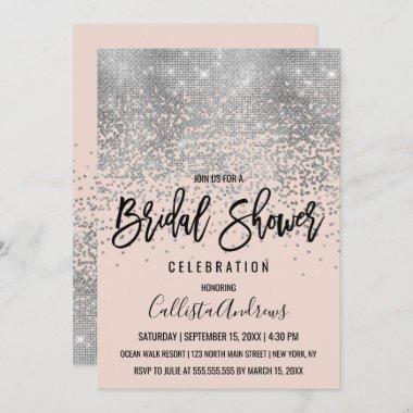 Elegant Pink Silver Glitter Confetti Bridal Shower Invitations