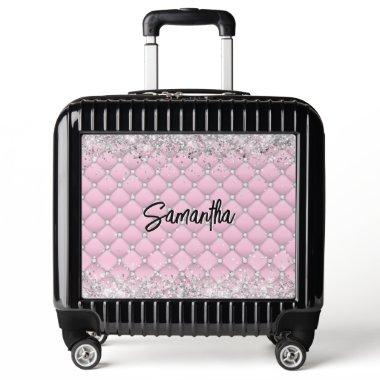 Elegant pink silver sparkly glitter monogram luggage