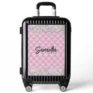 Elegant pink silver sparkly glitter monogram luggage