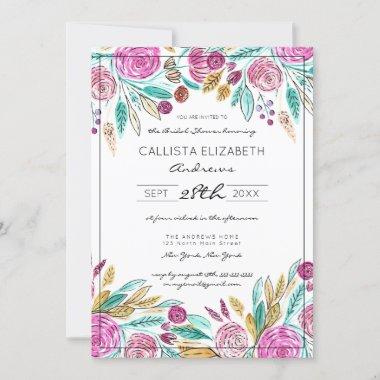 Elegant Pink Teal Floral Watercolor Bridal Shower Invitations