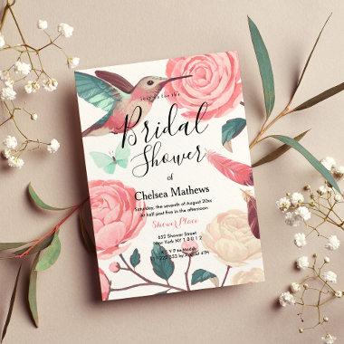 Elegant Pink Teal Hummingbird Floral Bridal Shower Invitations
