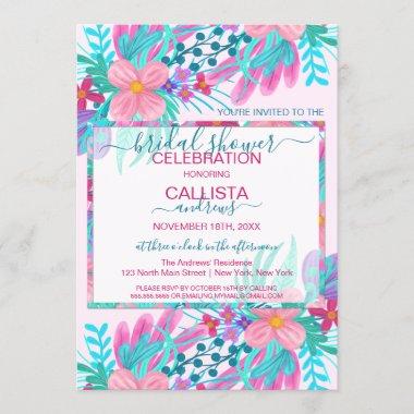 Elegant Pink Teal Painted Flowers Bridal Shower Invitations