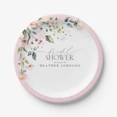 Elegant Pink Watercolor Floral Bridal Shower Paper Plates