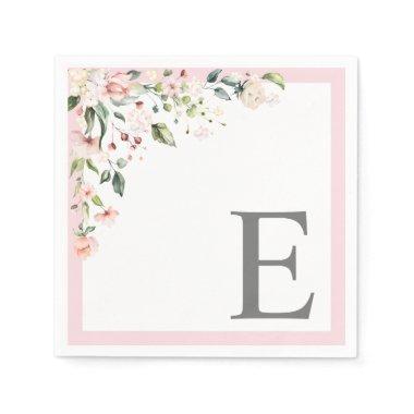 Elegant Pink Watercolor Floral Initial Monogram Napkins