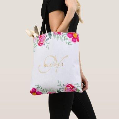 Elegant Pink Watercolor Floral Monogram Name Tote Bag