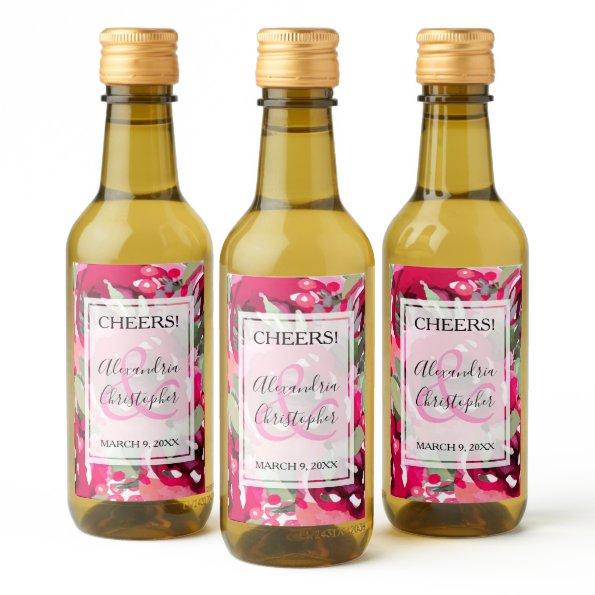 Elegant Pink Watercolor Floral Wedding Mini Wine Label