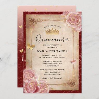Elegant Pink Watercolor Rose Gold Quinceanera Invitations