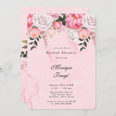Elegant Pink White Peonies Bridal Shower Invitations