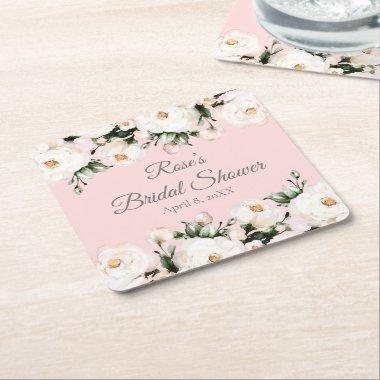 Elegant Pink White Roses Bridal Shower Square Paper Coaster