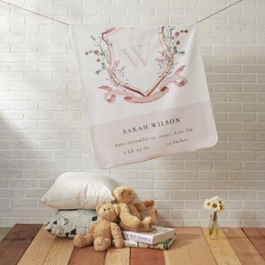 Elegant Pink Wildflower Crest Monogram Birth Stat Baby Blanket