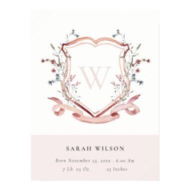 Elegant Pink Wildflower Crest Monogram Birth Stat Poster