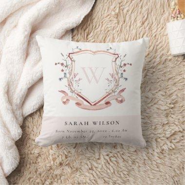 Elegant Pink Wildflower Crest Monogram Birth Stat Throw Pillow