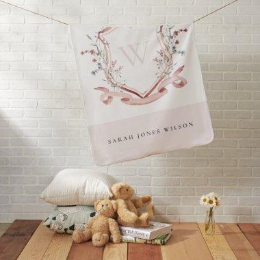 Elegant Pink Wildflower Watercolor Crest Monogram Baby Blanket