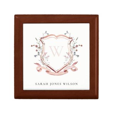 Elegant Pink Wildflower Watercolor Crest Monogram Gift Box