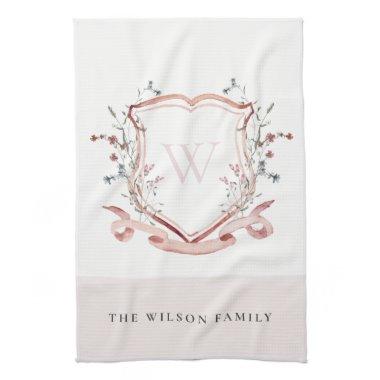 Elegant Pink Wildflower Watercolor Crest Monogram Kitchen Towel