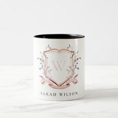 Elegant Pink Wildflower Watercolor Crest Monogram Two-Tone Coffee Mug