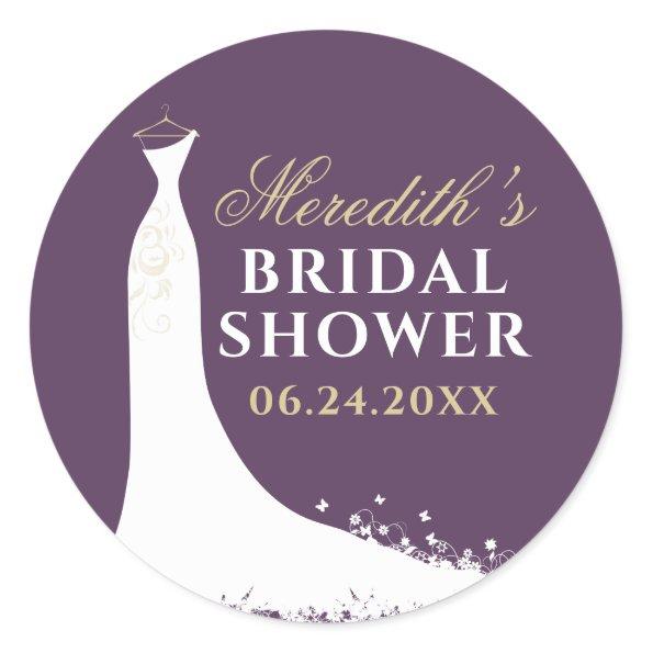 Elegant Plum and Gold Wedding Gown Bridal Shower Classic Round Sticker