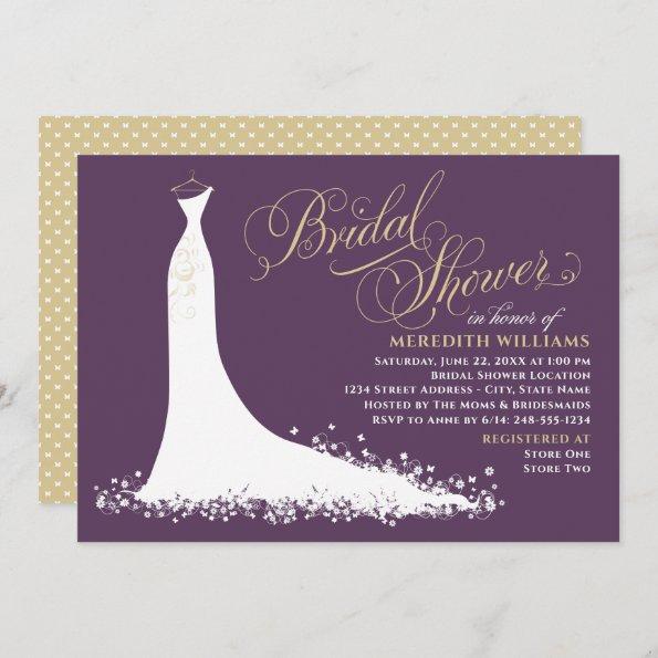 Elegant Plum and Gold Wedding Gown Bridal Shower Invitations