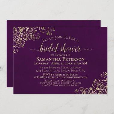 Elegant Plum Purple & Gold Lace Bridal Shower Invitations