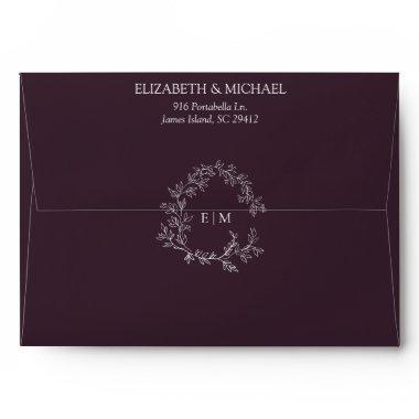 Elegant Plum Purple Leafy Crest Monogram Wedding Envelope