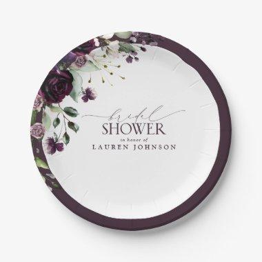 Elegant Plum Purple Watercolor Bridal Shower Paper Plates