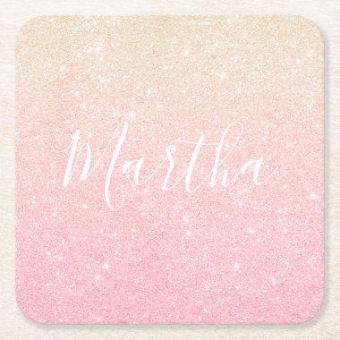 Elegant pretty girly gradient rose gold glitter square paper coaster