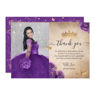 Elegant Purple and Gold Quinceañera Photo Birthday Thank You Invitations