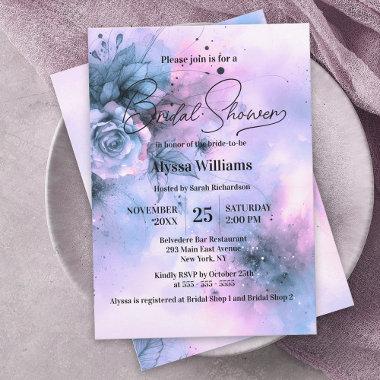 Elegant Purple Blue Watercolor Roses Bridal Shower Invitations