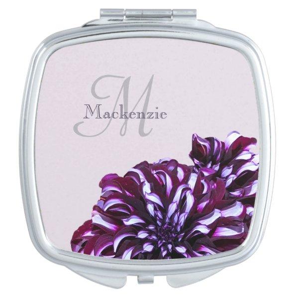 Elegant purple dahlia flowers monogram custom name vanity mirror