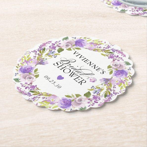 Elegant Purple Floral Bridal Shower Paper Coaster