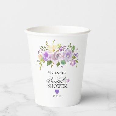 Elegant Purple Floral Heart Bridal Shower Paper Cups