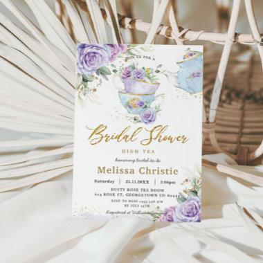 Elegant Purple Floral High Tea Party Bridal Shower Invitations