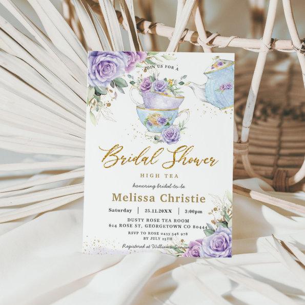 Elegant Purple Floral High Tea Party Bridal Shower Invitations