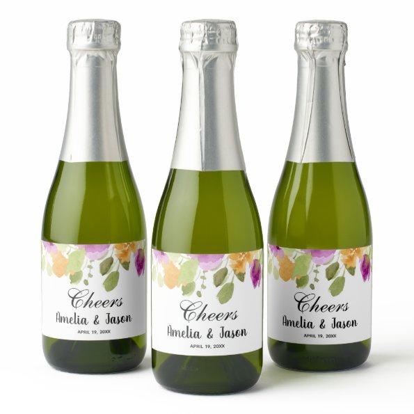 Elegant Purple Floral Watercolor Mini Sparkling Wine Label
