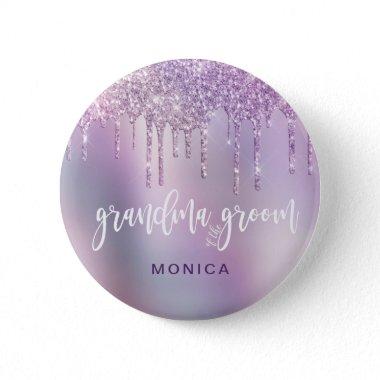 Elegant purple glitter drips grandma of the groom button