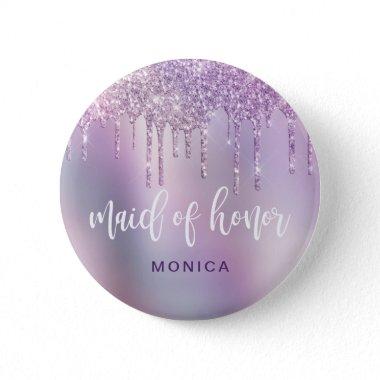 Elegant purple glitter drips maid of honor button