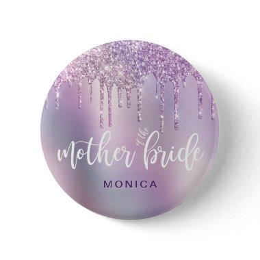 Elegant purple glitter mother of the bride button