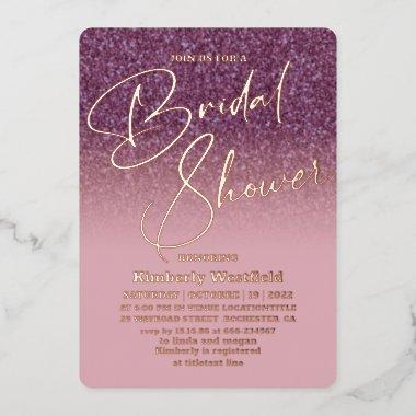 Elegant Purple gold Faux Glitter Bridal Shower Foil Invitations