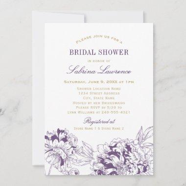Elegant Purple Gold Peony Wedding Bridal Shower Invitations