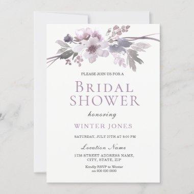 Elegant Purple Gray Winter Flowers Bridal Shower Invitations