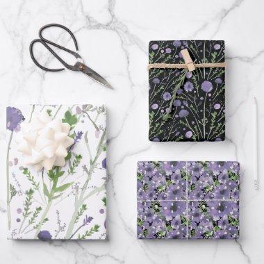 Elegant Purple Green Black Floral Pattern Wrapping Paper Sheets